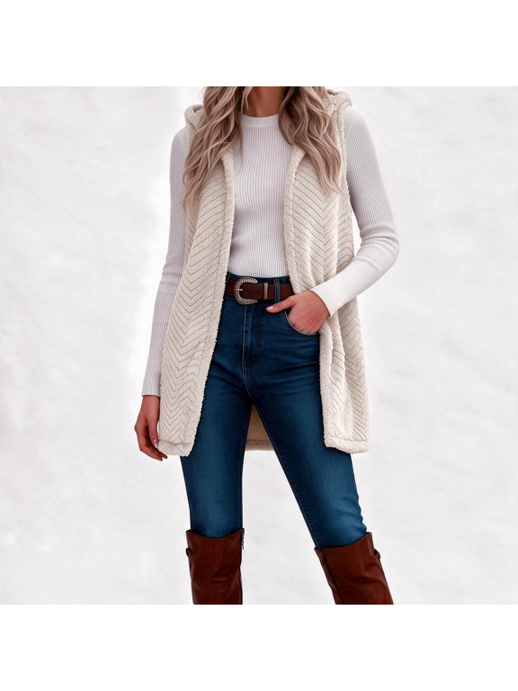 Women Fleece Vest Solid Color Hooded Warm Winter Vest for Women Trendy Open Front Sleeveless Womens Vests Outerwear