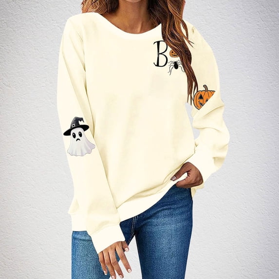 Busydd Women Halloween Shirt Fashion Graphic Halloween Sweatshirts for Women Long Sleeve Crewneck Sweatshirt Casual Loose Fleece Fall Sweatshirts L