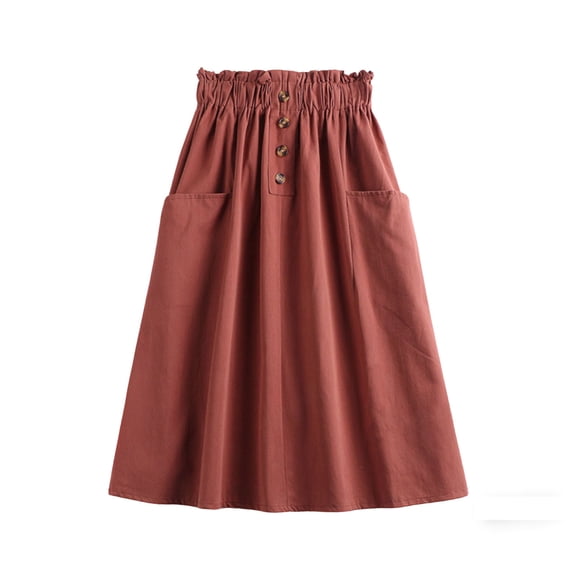 Busydd Women Linen Skirt with Pockets Casual Comfy Solid Color Button Midi Skirt Fashion Elastic Waist Summer Skirts for Women Free Size