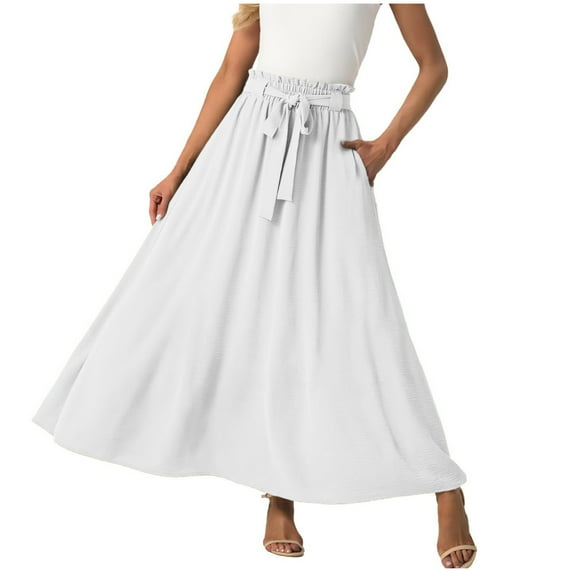 Busydd Women Maxi Skirt Solid Color Long Skirts for Women Elastic Waist Drawstring Casual Skirts with Pocket L