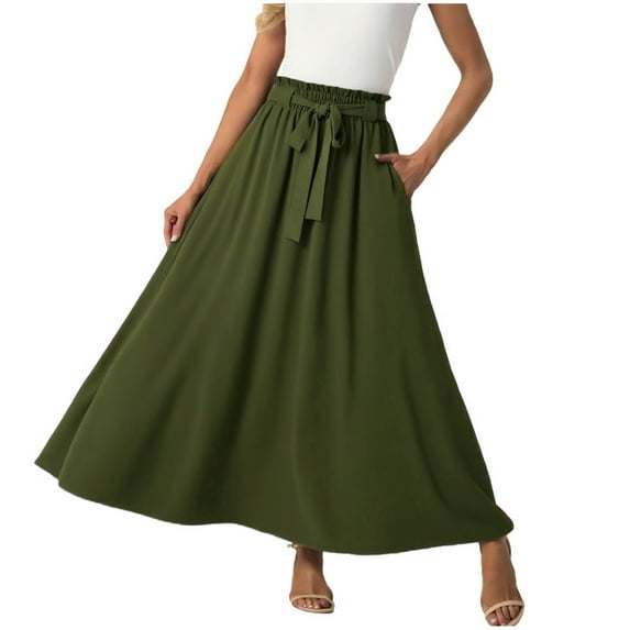 Busydd Women Maxi Skirt Solid Color Long Skirts for Women Elastic Waist Drawstring Casual Skirts with Pocket L