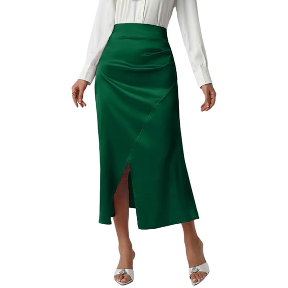 Busydd Women Midi Skirts Stylish Asymmetrical Hem Satin Skirt Solid Color High Waisted Wrap Skirt M