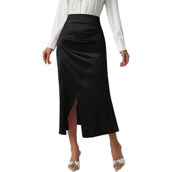 Busydd Women Midi Skirts Stylish Asymmetrical Hem Satin Skirt Solid Color High Waisted Wrap Skirt XL