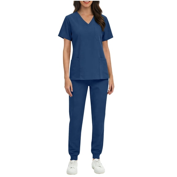 Busydd Women Scrubs Sets with Pockets Trendy 2 Piece Solid Color Scrubs for Women V Neck Short Sleeve Tops and Elastic Bottom Pants Scrub Set