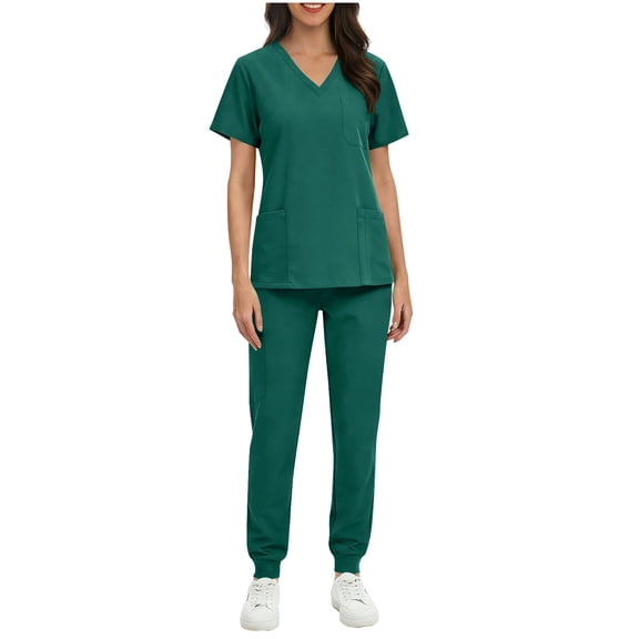 Busydd Women Scrubs Sets with Pockets Trendy 2 Piece Solid Color Scrubs for Women V Neck Short Sleeve Tops and Elastic Bottom Pants Scrub Set