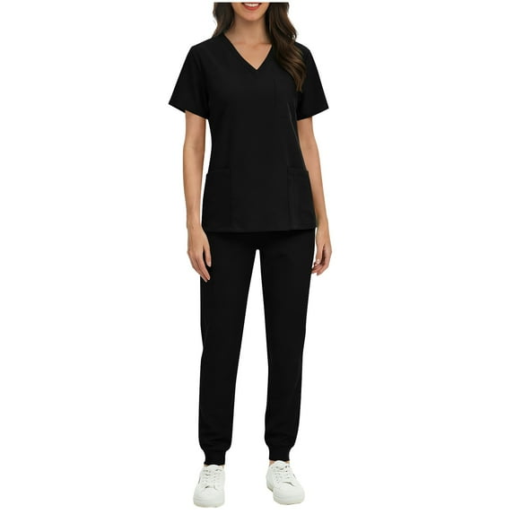 Busydd Women Scrubs Sets with Pockets Trendy 2 Piece Solid Color Scrubs for Women V Neck Short Sleeve Tops and Elastic Bottom Pants Scrub Set