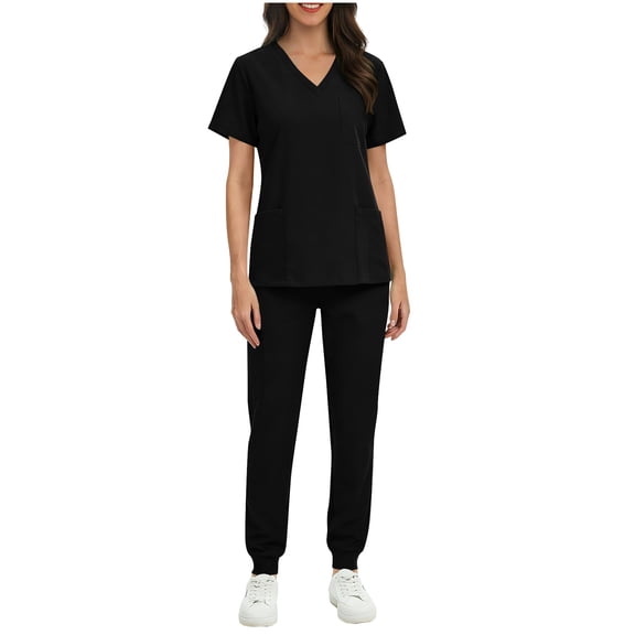 Busydd Women Scrubs Sets with Pockets Trendy 2 Piece Solid Color Scrubs for Women V Neck Short Sleeve Tops and Elastic Bottom Pants Scrub Set