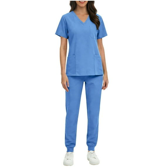 Busydd Women Scrubs Sets with Pockets Trendy 2 Piece Solid Color Scrubs for Women V Neck Short Sleeve Tops and Elastic Bottom Pants Scrub Set