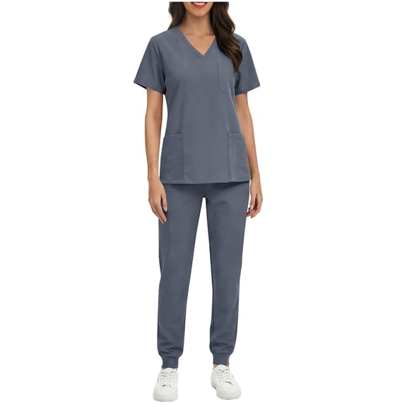 Busydd Women Scrubs Sets with Pockets Trendy 2 Piece Solid Color Scrubs for Women V Neck Short Sleeve Tops and Elastic Bottom Pants Scrub Set