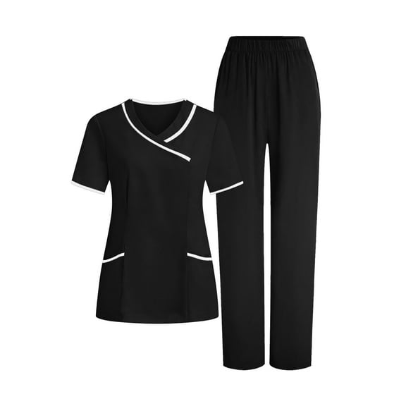 Busydd Women Scrubs Trendy Colorblock Two Piece Scrub Set V Neck Short Sleeve Top and Stretch Pants Scrubs for Women Set with Pockets