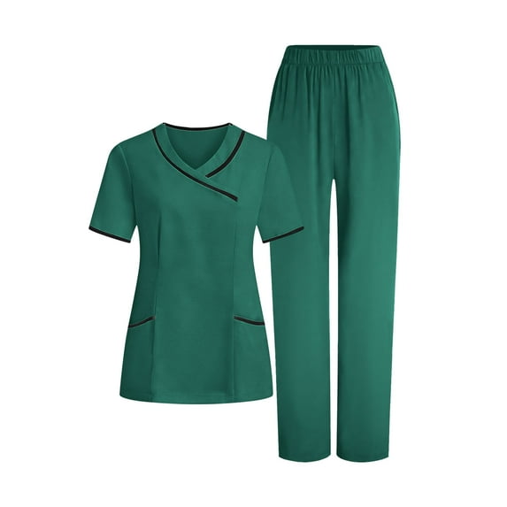 Busydd Women Scrubs Trendy Colorblock Two Piece Scrub Set V Neck Short Sleeve Top and Stretch Pants Scrubs for Women Set with Pockets