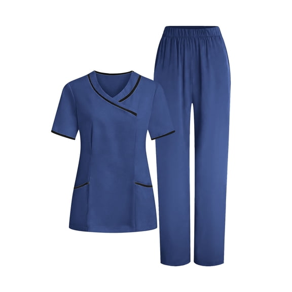 Busydd Women Scrubs Trendy Colorblock Two Piece Scrub Set V Neck Short Sleeve Top and Stretch Pants Scrubs for Women Set with Pockets