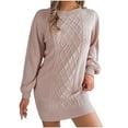 thumbnail image 1 of Busydd Women Sweater Dress Solid Color Long Sleeve Fall Dresses Fashion Round Neck Ribbed Mini Dress Comfortable Warm Women's Casual Dresses L, 1 of 8