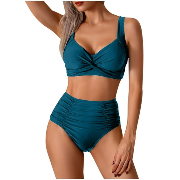 Busydd Women Swimsuits 2 Piece Bikini Set Solid Color Strap High Waisted Bathing Suit Deep V Neck Pleated Push Up Swim Suits with Briefs