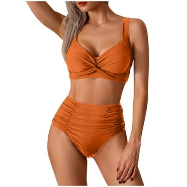 Busydd Women Swimsuits 2 Piece Bikini Set Solid Color Strap High Waisted Bathing Suit Deep V Neck Pleated Push Up Swim Suits with Briefs