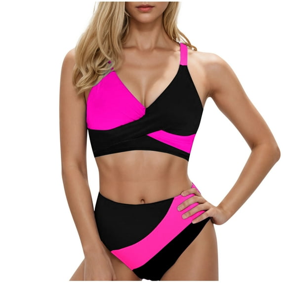 Busydd Women Swimsuits Built in Bra Two Piece Push Up High Waisted Bikini Set Trendy Colorblock Pleated Bathing Suit V Neck Swim Suit with Briefs