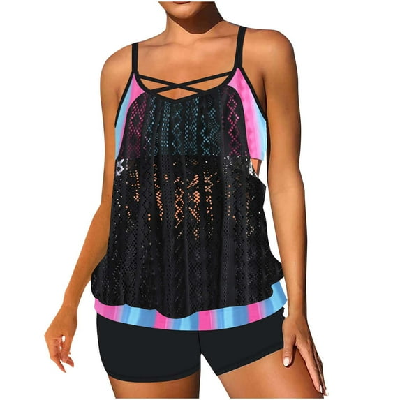 Busydd Women Swimsuits S-3XL 2 Piece Tankini with Boyshorts Trendy Print Strap Bathing Suit Round Neck Swimwear