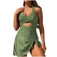 thumbnail image 1 of Busydd Women Swimsuits V Neck Halter Tummy Control Bathing Suits High Waist Pleated One-Piece Swimwear Solid Color Padded Slit Swimdress, 1 of 3