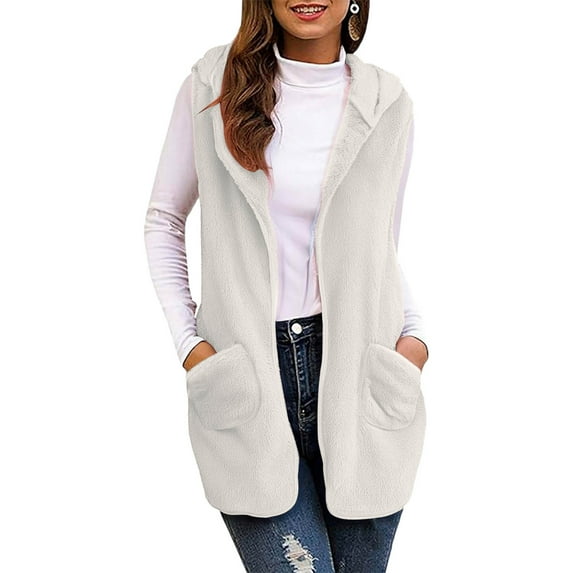 Busydd Women Vest Fashion Sleeveless Hooded Long Fleece Vest Casual Solid Color Open Front Winter Vest for Women with Pockets S