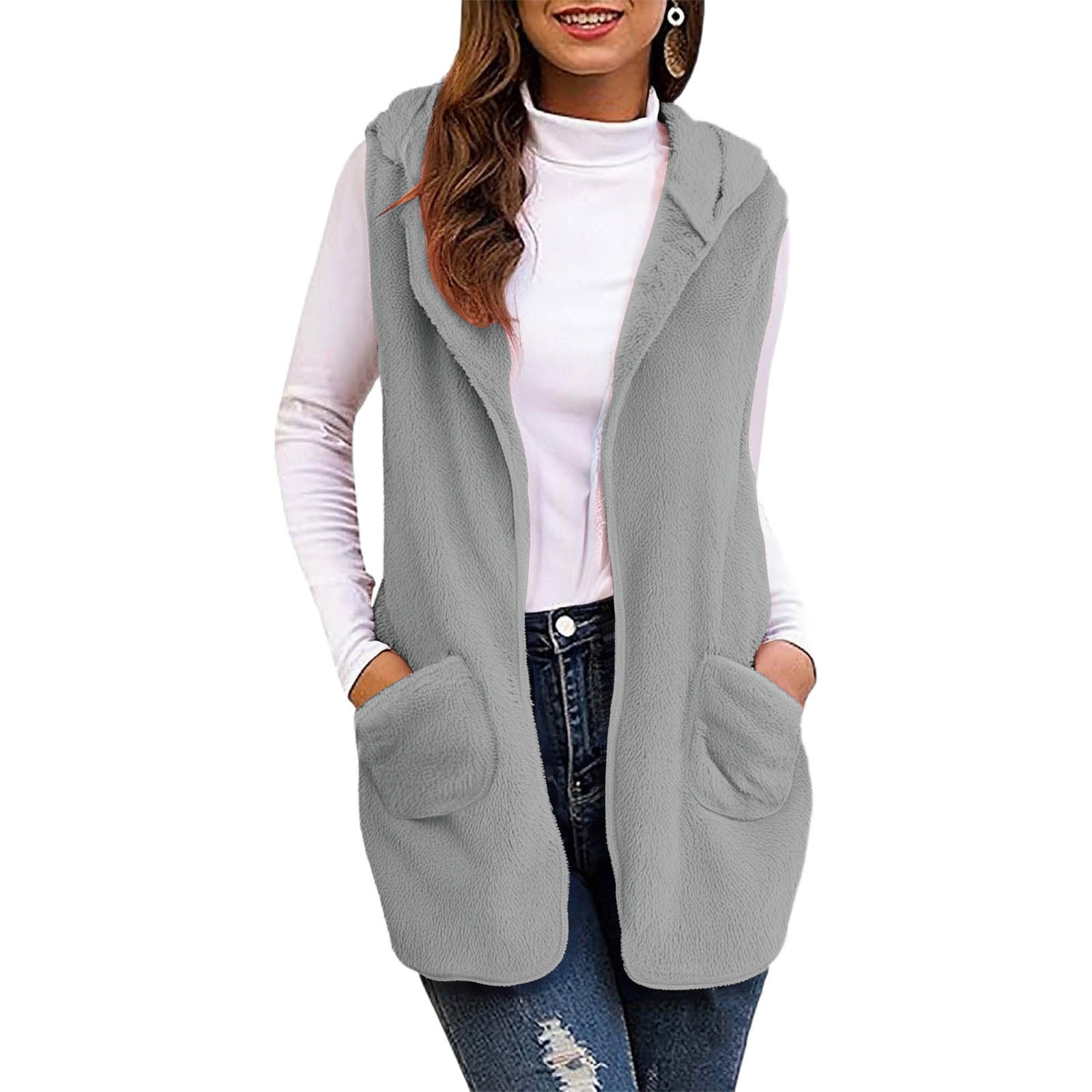 Busydd Women Vest Fashion Sleeveless Hooded Long Fleece Vest