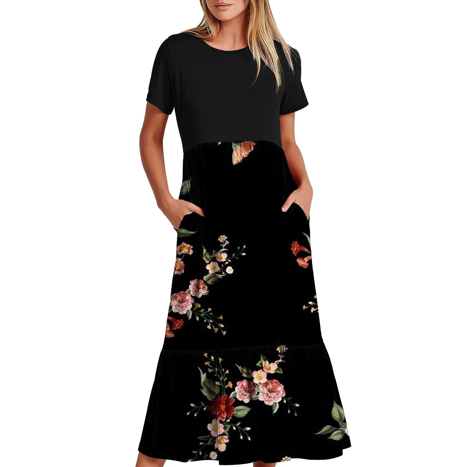 Busydd Women's Boho Maxi Dress 2024 Short Sleeve Round-Neck Summer ...