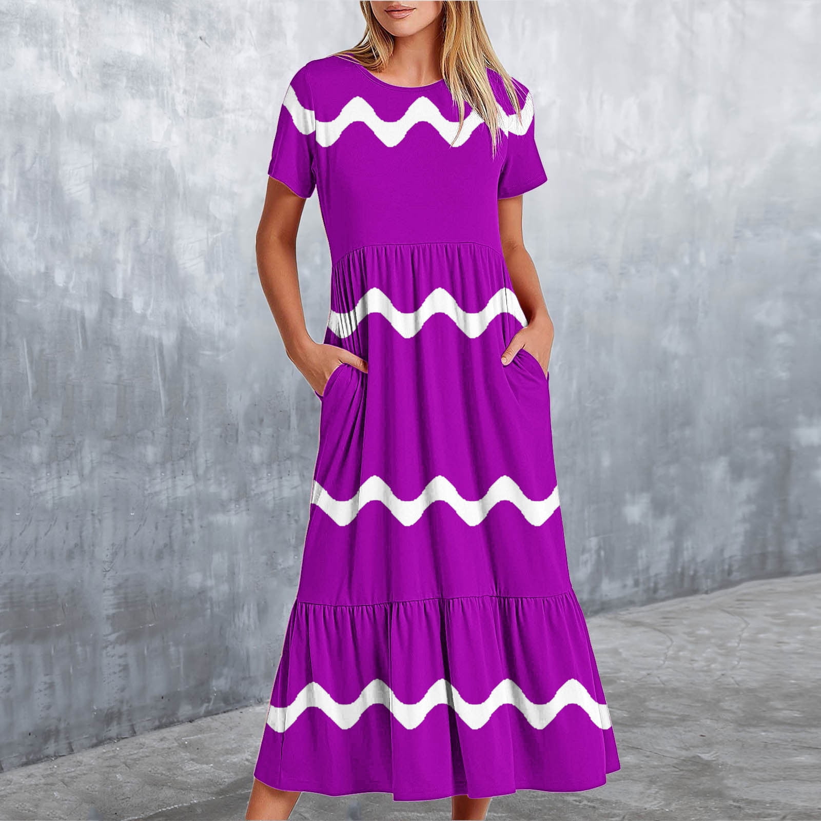 Busydd Women's Boho Maxi Dress Short Sleeve Crewneck Sun Dress Pleated ...