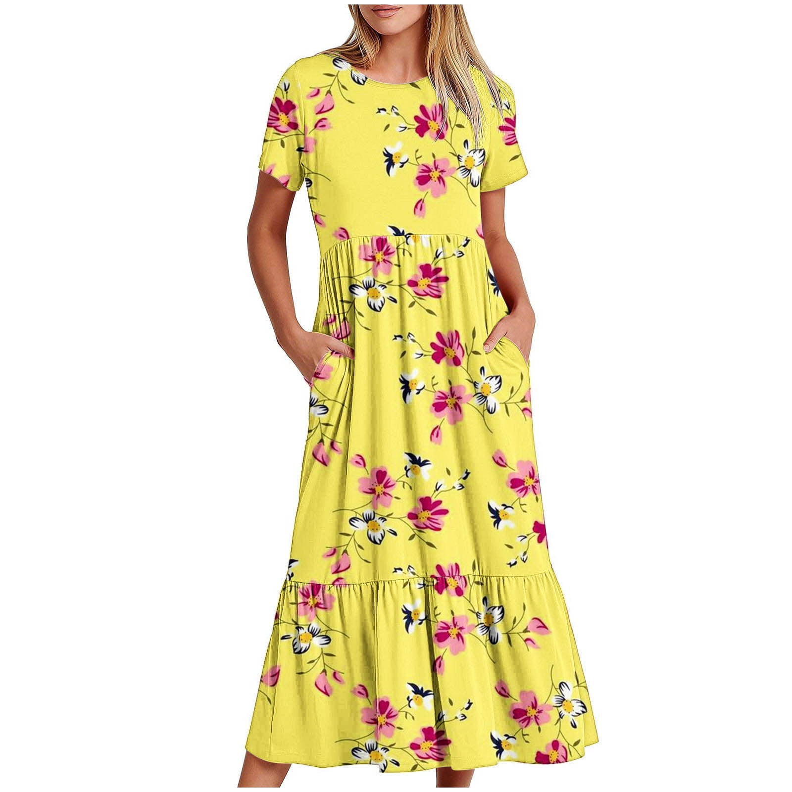 Busydd Women's Boho Maxi Dress Short Sleeve Round-Neck Summer Dress ...