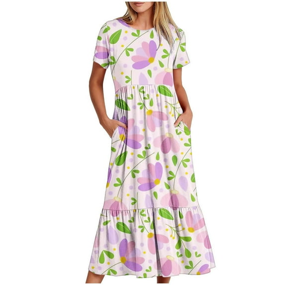 Irrsuirnr Women's Boho Maxi Dress 2024 Short Sleeve Round-Neck Summer Dress Fashion Print Pleated Dress with Pockets