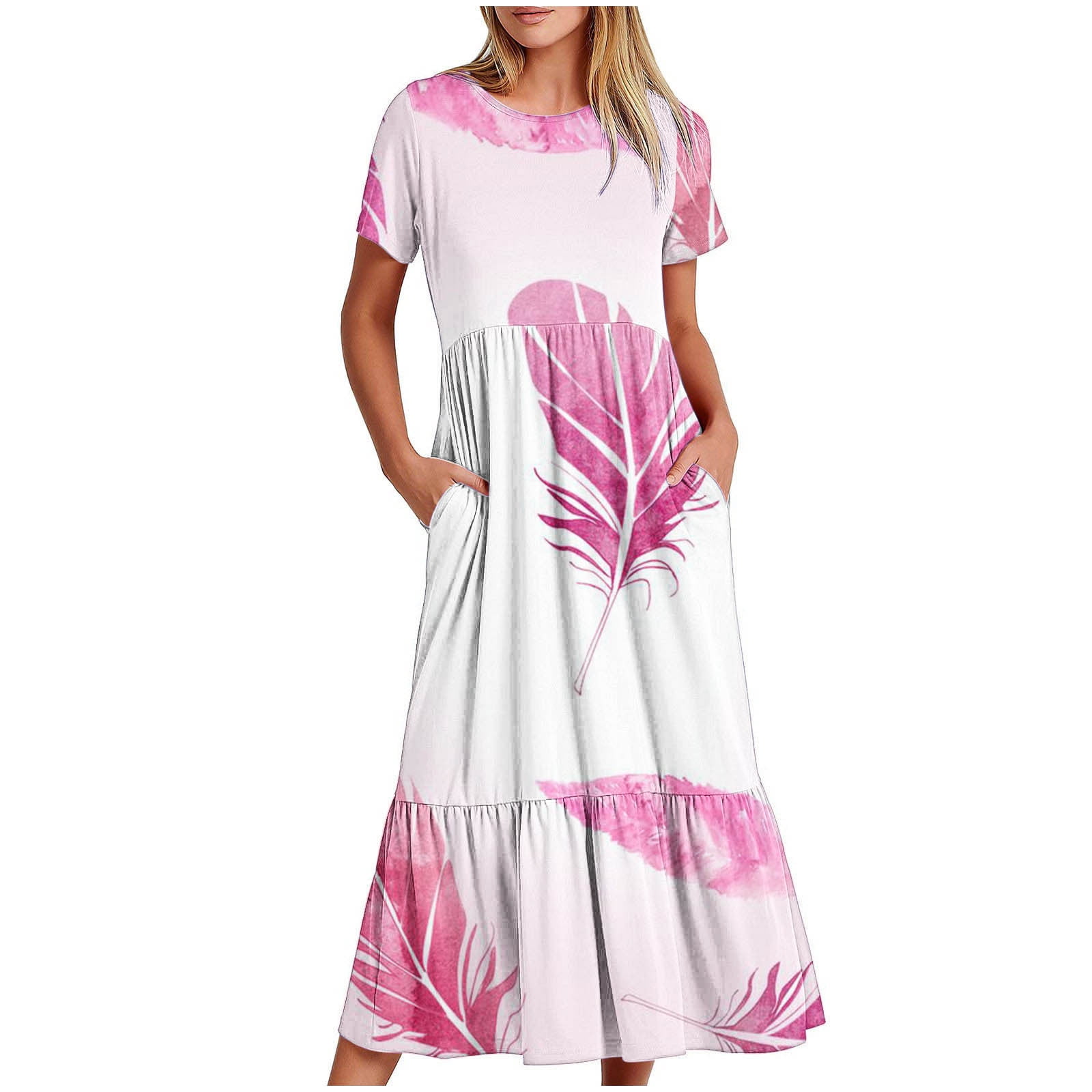 Busydd Women's Boho Maxi Dress Short Sleeve Round-Neck Summer Dress ...
