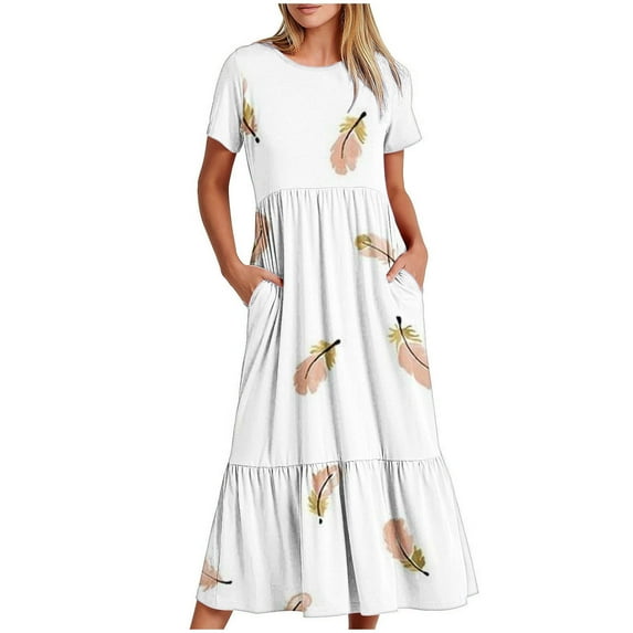 Irrsuirnr Women's Boho Maxi Dress 2024 Short Sleeve Round-Neck Summer Dress Fashion Print Pleated Dress with Pockets