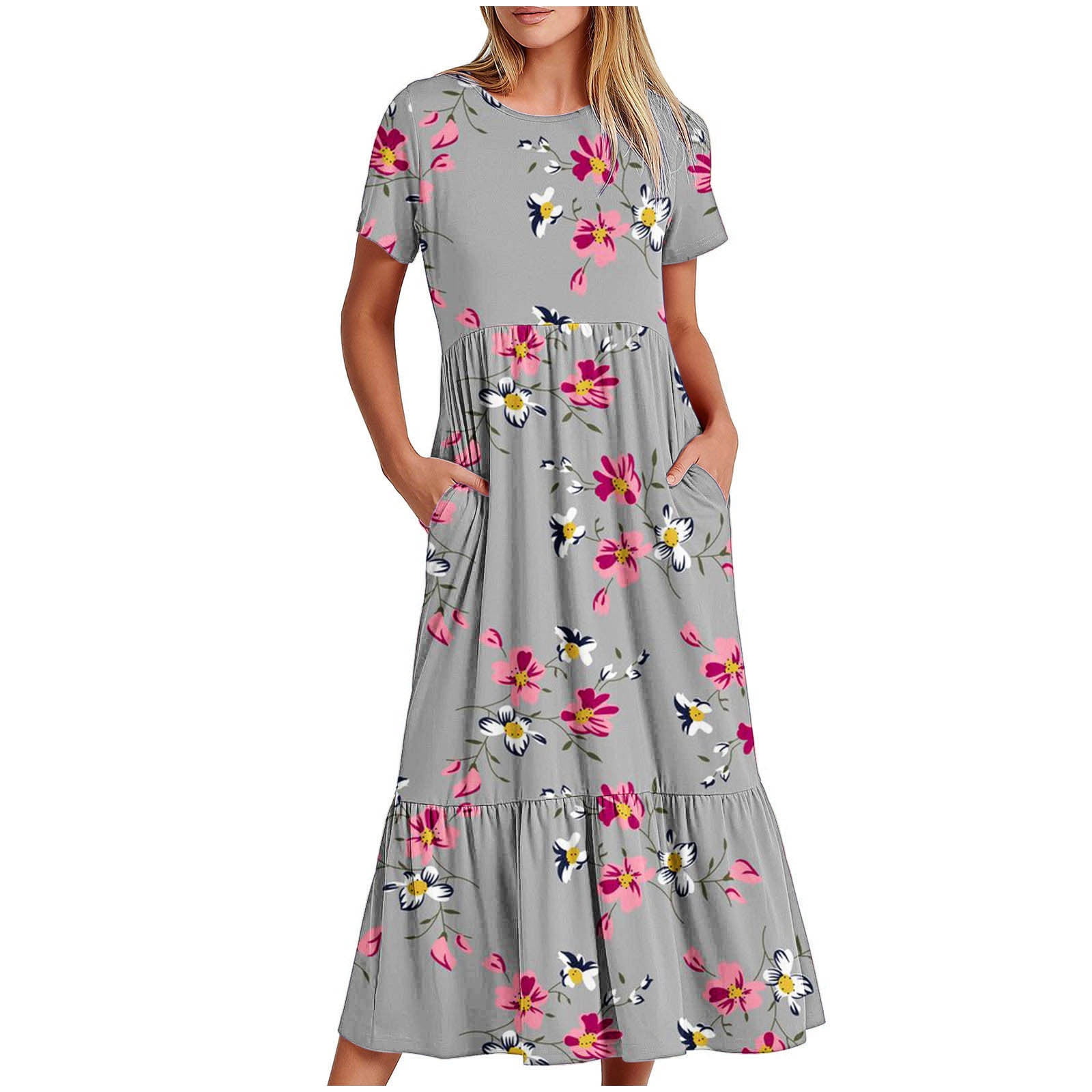 Busydd Women's Boho Maxi Dress Short Sleeve Round-Neck Summer Dress ...