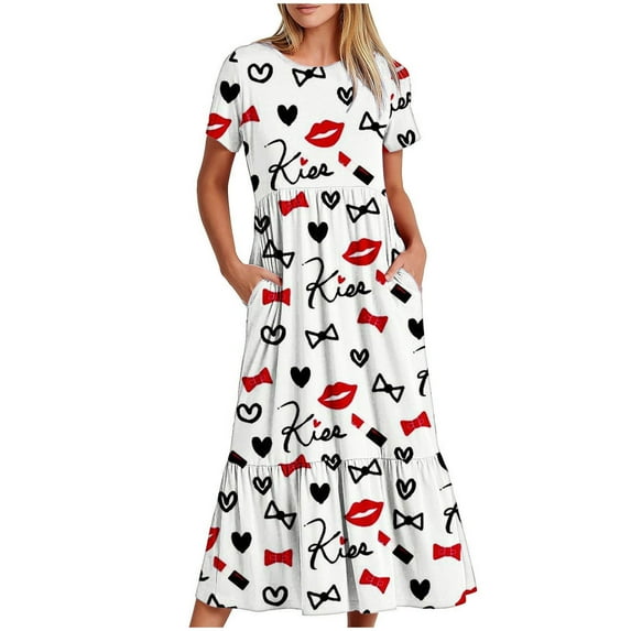 Irrsuirnr Women's Boho Maxi Dress 2024 Short Sleeve Round-Neck Summer Dress Fashion Print Pleated Dress with Pockets
