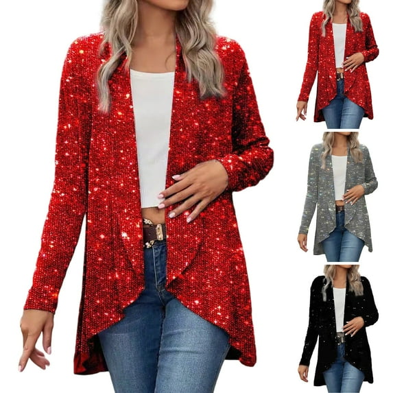 Busydd Women's Cardigans Fashion Solid Color Sequin Tops for Women Casual Open Front Long Sleeve Shirts for Women S