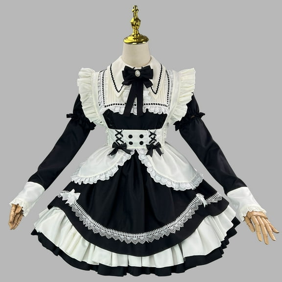 Busydd Plus Size Dresses for Women Trendy Long Sleeve Halloween Dresses for Women Ruffle Tunic Bowknot Maid Dress XL