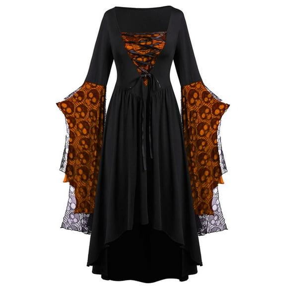 Busydd Womens Dresses Plus Size Vintage Bell Sleeve Halloween Dresses for Women Square Neck Medieval Renaissance Costume Drawstring Gothic Dresses 5XL