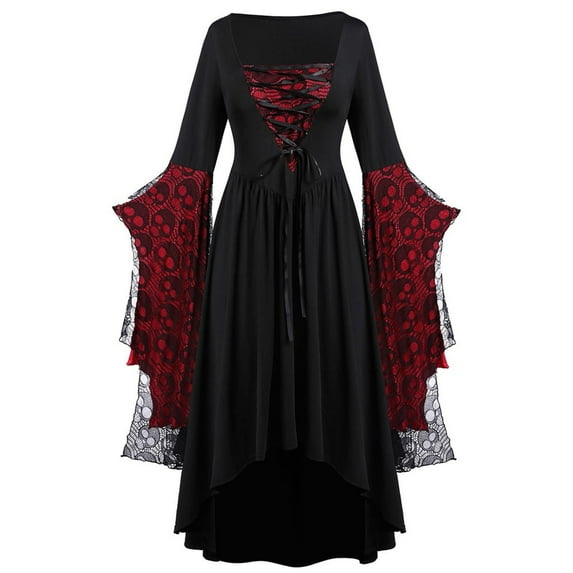Busydd Womens Dresses Plus Size Vintage Bell Sleeve Halloween Dresses for Women Square Neck Medieval Renaissance Costume Drawstring Gothic Dresses S