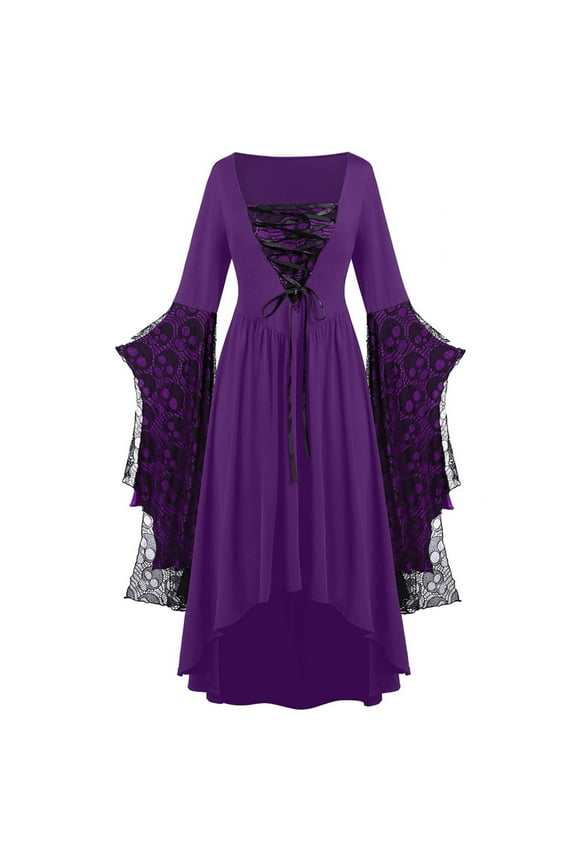 Womens Dresses Plus Size Vintage Bell Sleeve Halloween Dresses for Women Square Neck Medieval Renaissance Costume Drawstring Gothic Dresses S