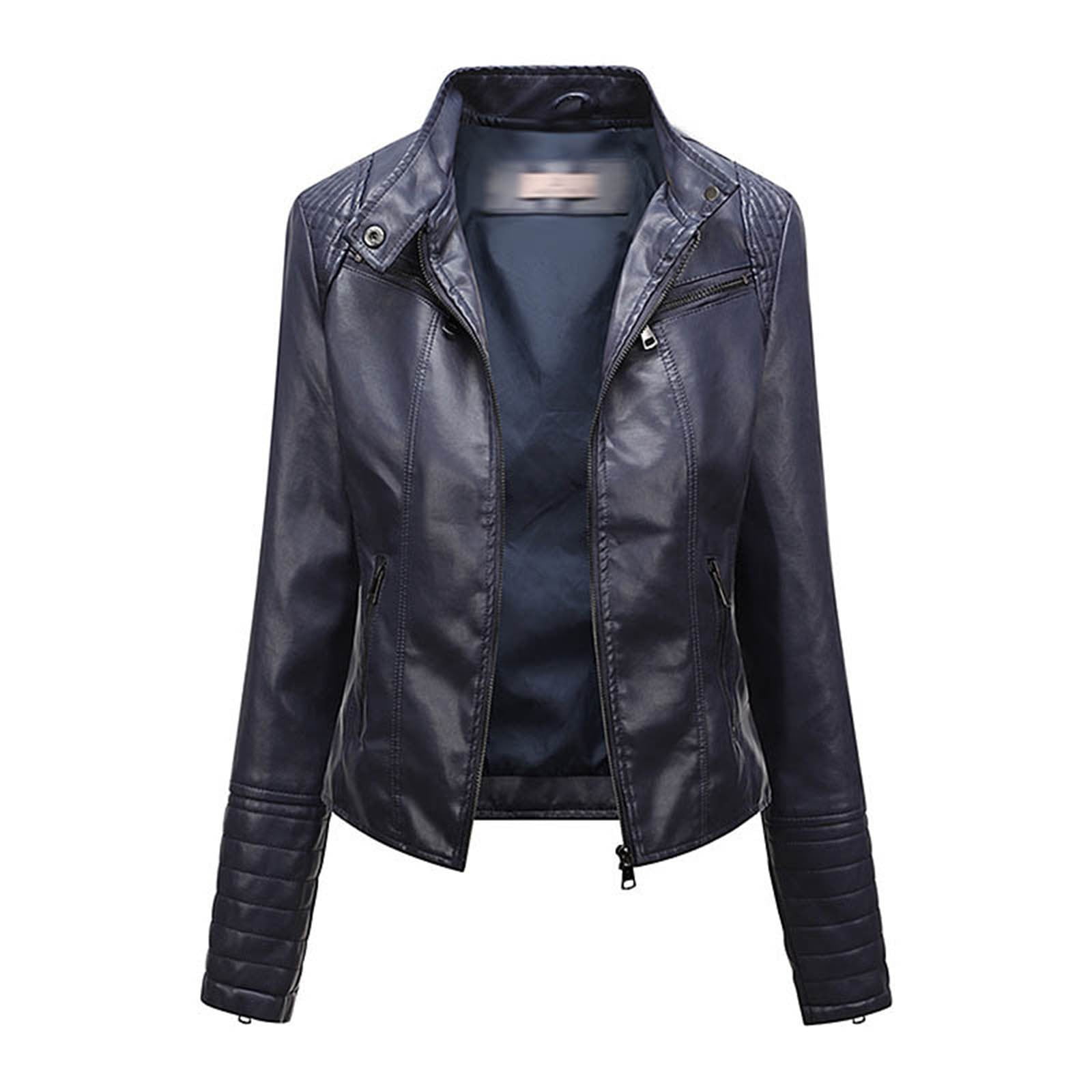 Busydd Women's Leather Jackets Classic Zip Up Lapel Faux Leather Moto Biker Coat Solid Color Long Sleeve Winter Coats Plus Size Leather Jackets with Pockets M-3XL