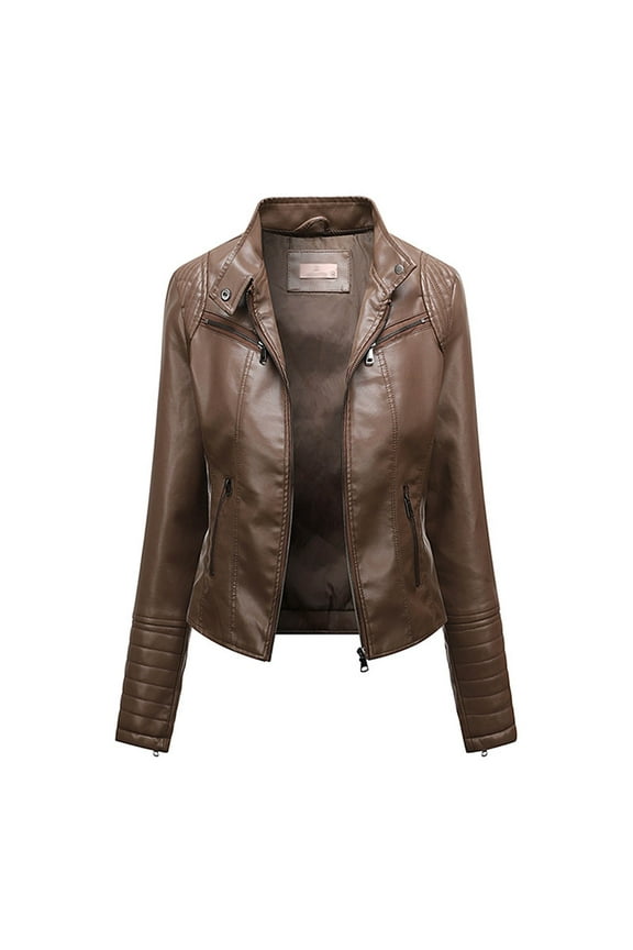 Women's Leather Jackets Classic Zip Up Lapel Faux Leather Moto Biker Coat Solid Color Long Sleeve Winter Coats Plus Size Leather Jackets with Pockets M-3XL