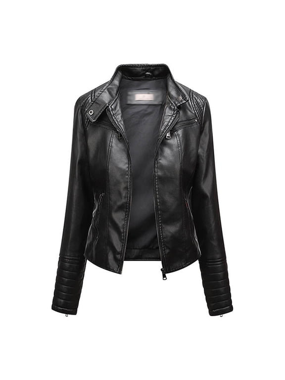 Women's Leather Jackets Classic Zip Up Lapel Faux Leather Moto Biker Coat Solid Color Long Sleeve Winter Coats Plus Size Leather Jackets with Pockets M-3XL