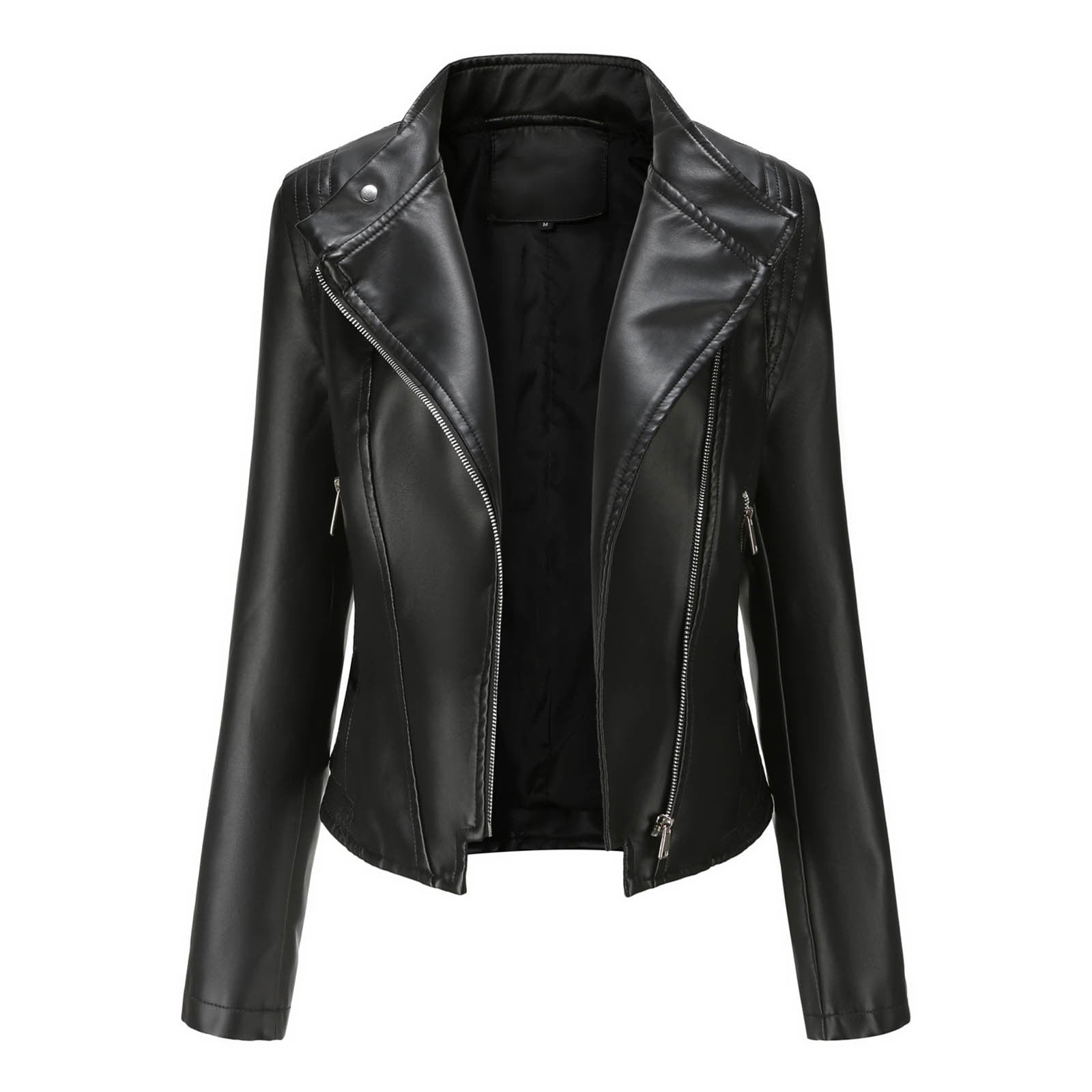 Busydd Women's Leather Jackets Zip Up Lapel Faux Leather Moto Biker Coat Solid Color Long Sleeve Fall Jackets for Women Plus Size Leather Jackets with Pockets S-3XL