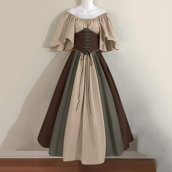 Busydd Plus Size Dresses for Women Retro Off the Shoulder Medieval Dress Short Sleeve Round Neck Lace Up Renaissance Costume Colorblock Patchwork Prom Dress S