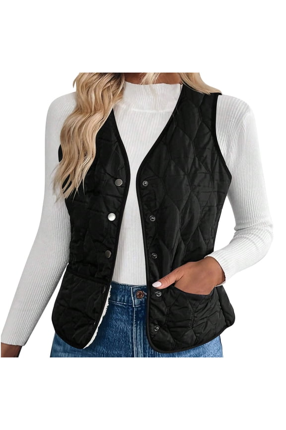 Women's Outerwear Vests Solid Color Sleeveless V Neck Fleece Vest Casual Comfy Warm Button Winter Vest for Women with Pockets XL