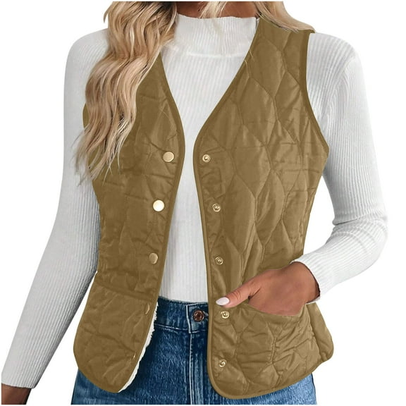 Busydd Women's Outerwear Vests Solid Color Sleeveless V Neck Fleece Vest Casual Comfy Warm Button Winter Vest for Women with Pockets XL