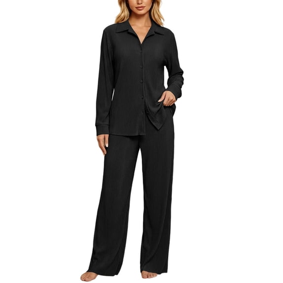 Busydd Women's Pajama Sets Long Sleeve Turndown Collar Button Top and Trousers Two Piece Sleepwear Trendy Solid Color Ribbed Fall Pajamas L