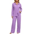 thumbnail image 1 of Busydd Women's Pajama Sets Long Sleeve Turndown Collar Button Top and Trousers Two Piece Sleepwear Trendy Solid Color Ribbed Fall Pajamas M, 1 of 6
