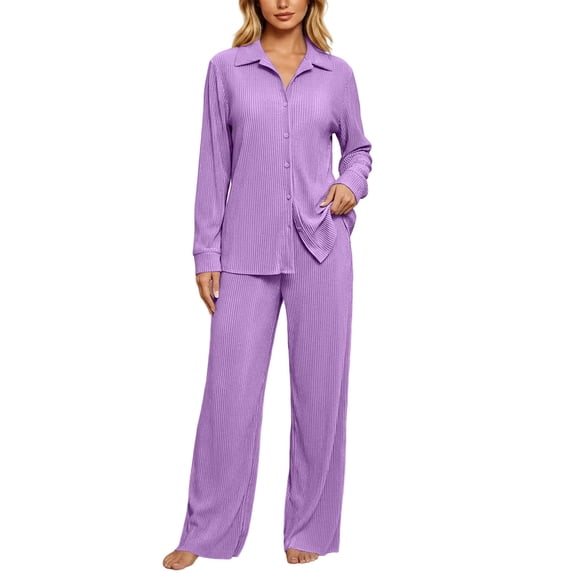 Busydd Women's Pajama Sets Long Sleeve Turndown Collar Button Top and Trousers Two Piece Sleepwear Trendy Solid Color Ribbed Fall Pajamas M