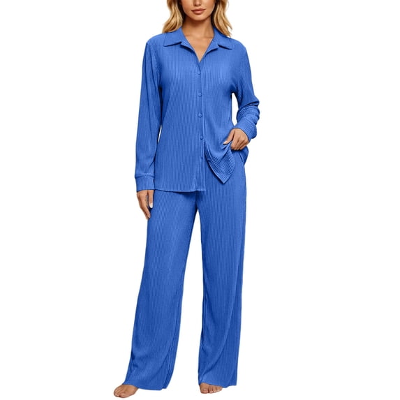 Busydd Women's Pajama Sets Long Sleeve Turndown Collar Button Top and Trousers Two Piece Sleepwear Trendy Solid Color Ribbed Fall Pajamas S