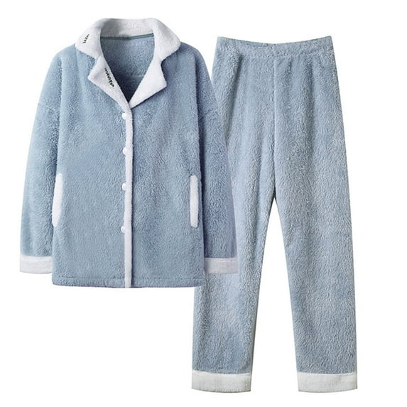 Busydd Women's Pajama Sets Winter Comfortable Warm Fleece Womens Pjs Sets Solid Color Long Sleeve Lapel Button Tops and Pants Women's Sleepwear M