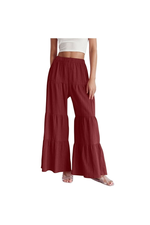 Women's Pants Casual Baggy Wide Leg Pants Trendy Pleated Tiered Flowy Pants Solid Color Elastic Waist Trousers Pants for Women